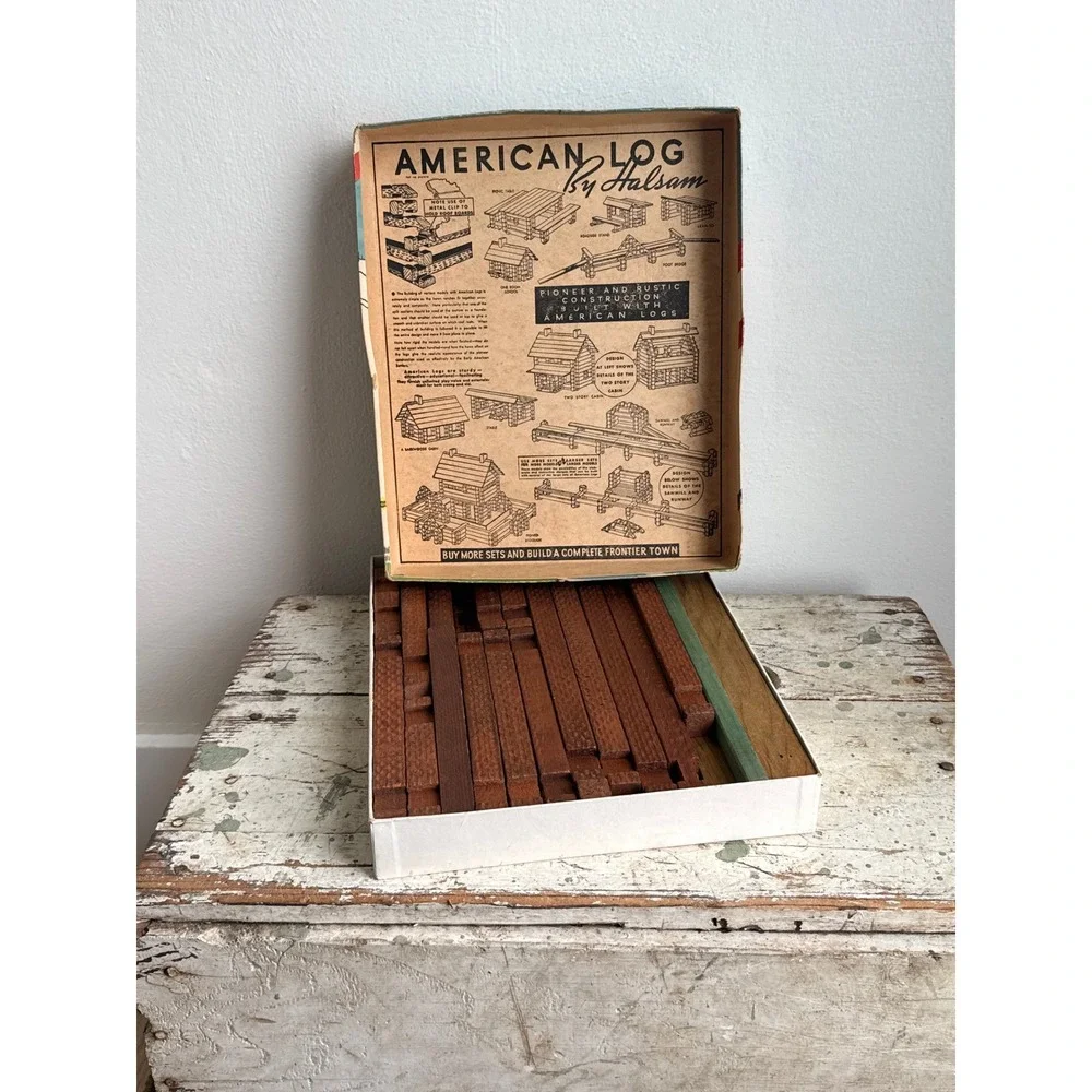 Vintage Halsam American Logs Set No 85 Wood Building Toy 86 Pieces Original Box